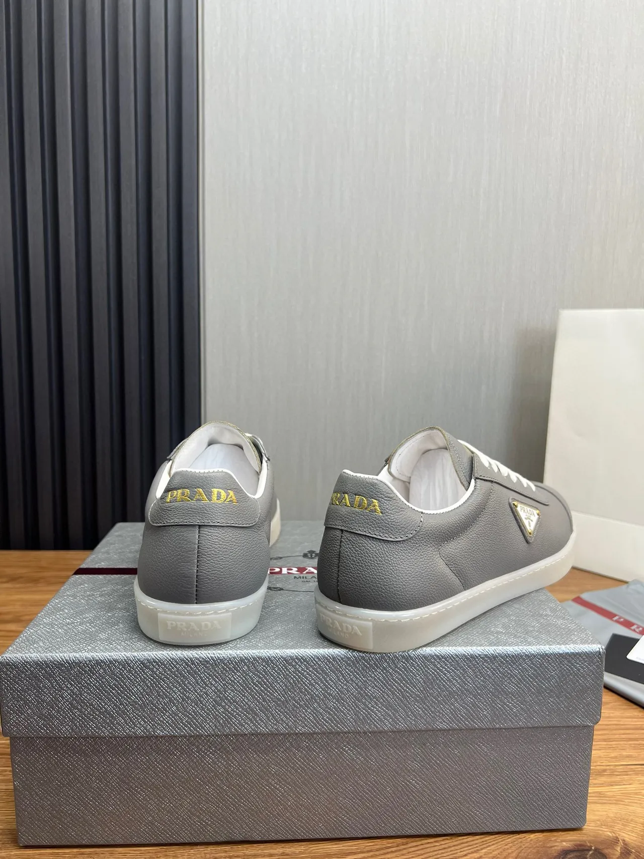 Prada Gray White Leather Upper Triangle Logo Plaque Lifestyle Sneakers 5