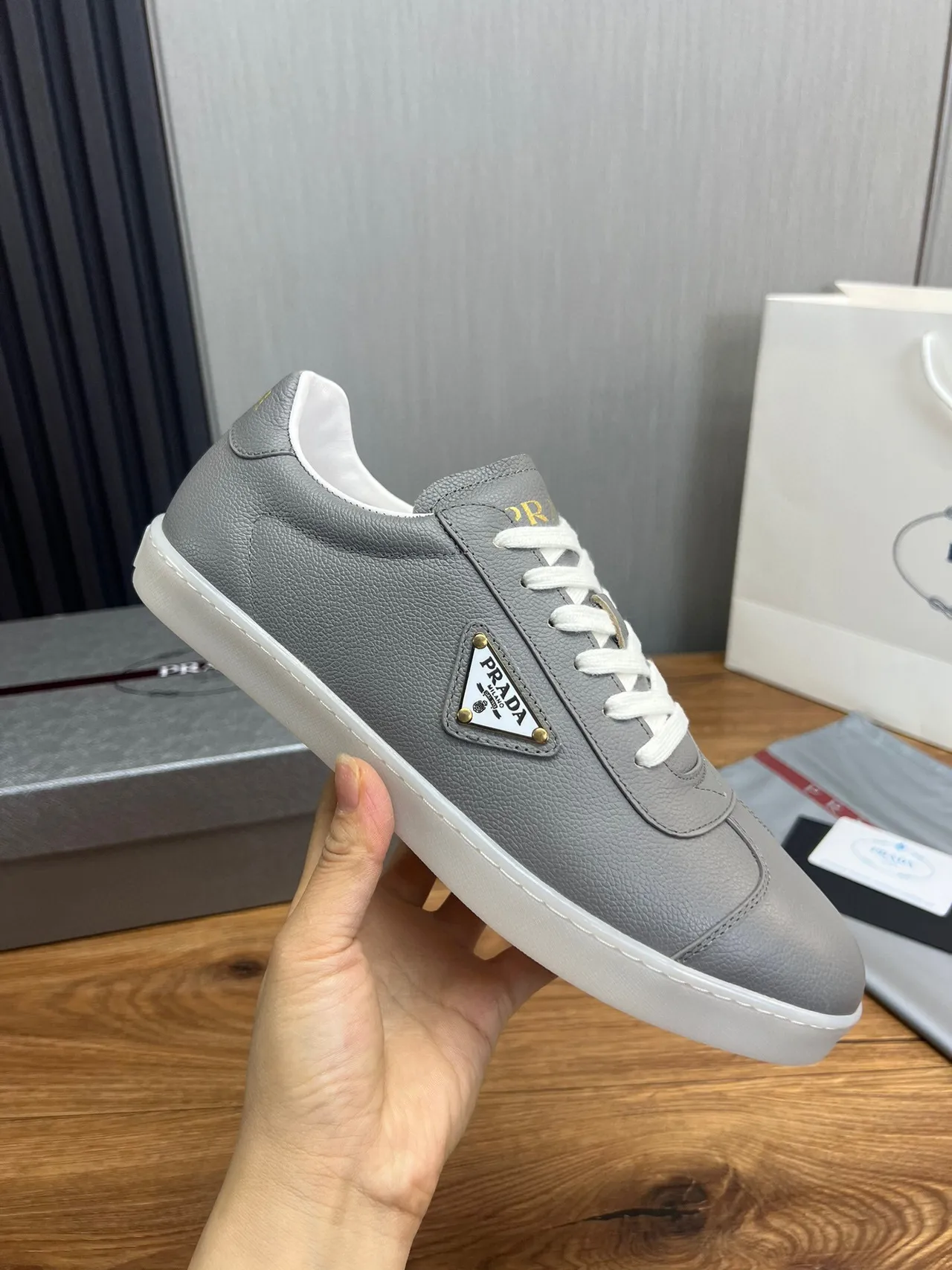 Prada Gray White Leather Upper Triangle Logo Plaque Lifestyle Sneakers 6