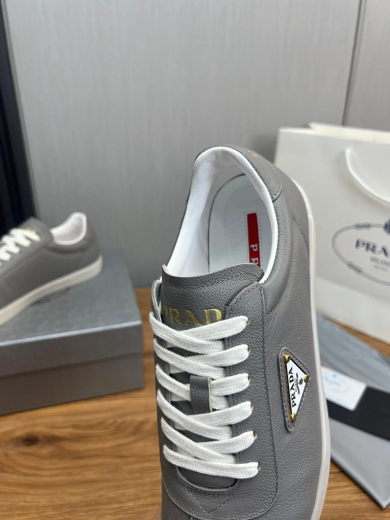 Prada Gray White Leather Upper Triangle Logo Plaque Lifestyle Sneakers 7