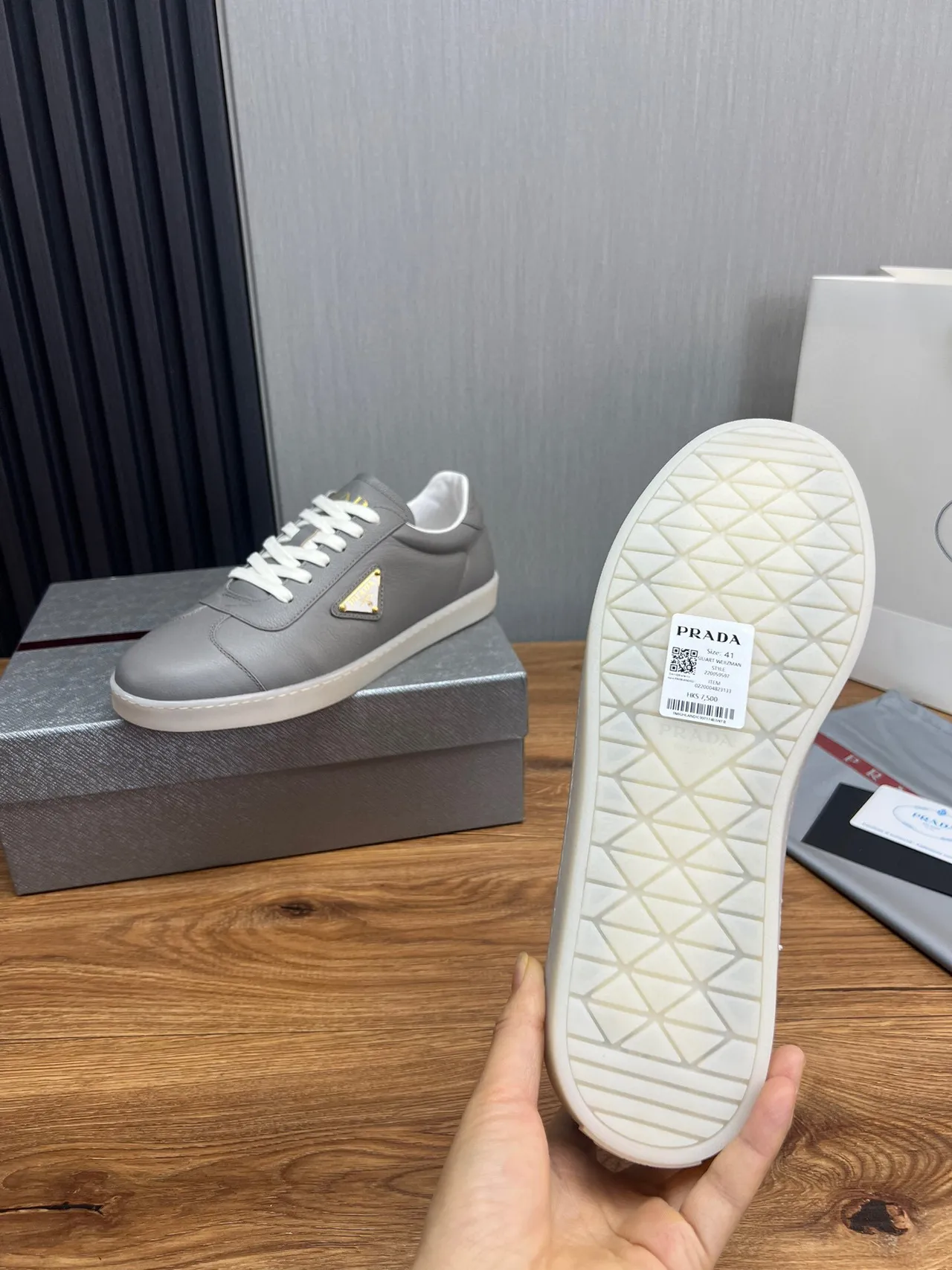 Prada Gray White Leather Upper Triangle Logo Plaque Lifestyle Sneakers 8
