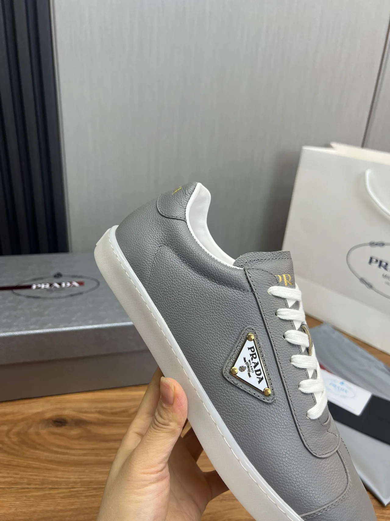 Prada Gray White Leather Upper Triangle Logo Plaque Lifestyle Sneakers 9