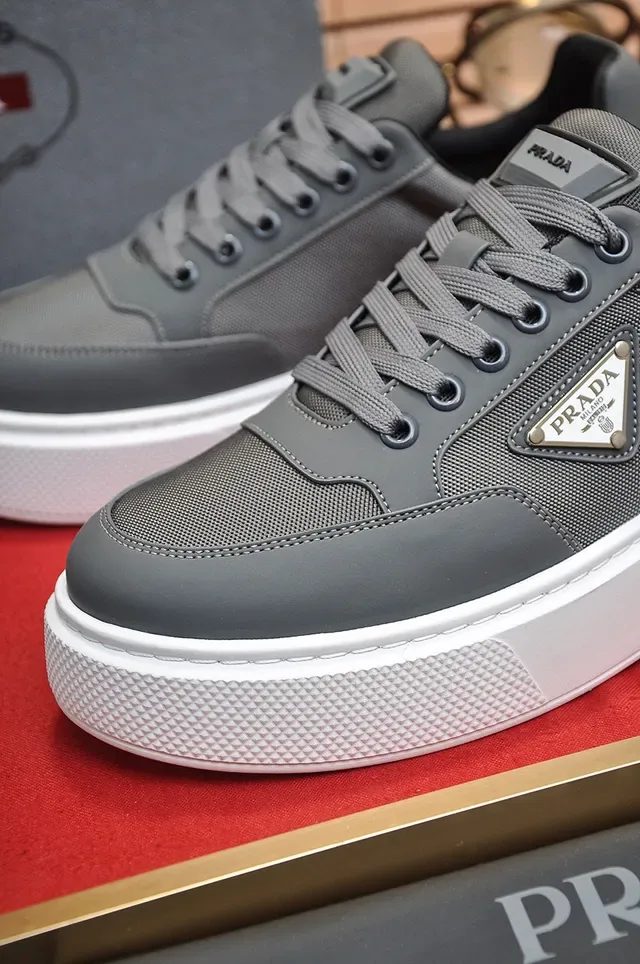 Prada Gray White Platform Sole Textile-Synthetic Hybrid Upper Lifestyle Sneakers 3