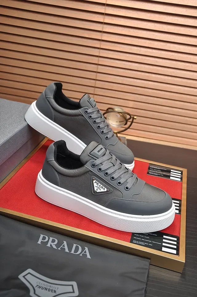 Prada Gray White Platform Sole Textile-Synthetic Hybrid Upper Lifestyle Sneakers 6