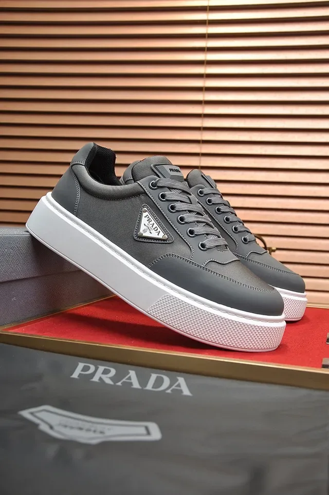 Prada Gray White Platform Sole Textile-Synthetic Hybrid Upper Lifestyle Sneakers 8