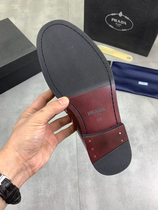 Prada Loafer Brown Black Polished Leather Metal Triangle Logo Plaque Loafer 2