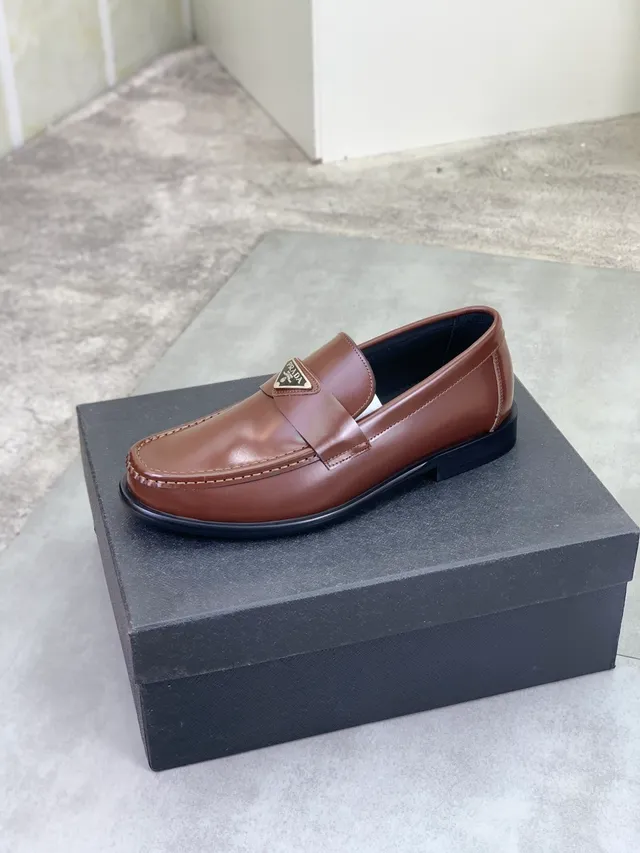 Prada Loafer Brown Black Polished Leather Metal Triangle Logo Plaque Loafer 4
