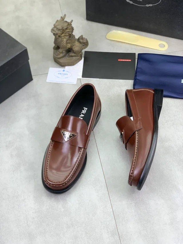 Prada Loafer Brown Black Polished Leather Metal Triangle Logo Plaque Loafer 5