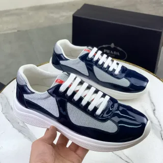 Prada Navy Gray Glossy Patent Leather Mesh Paneling Lifestyle Sneakers