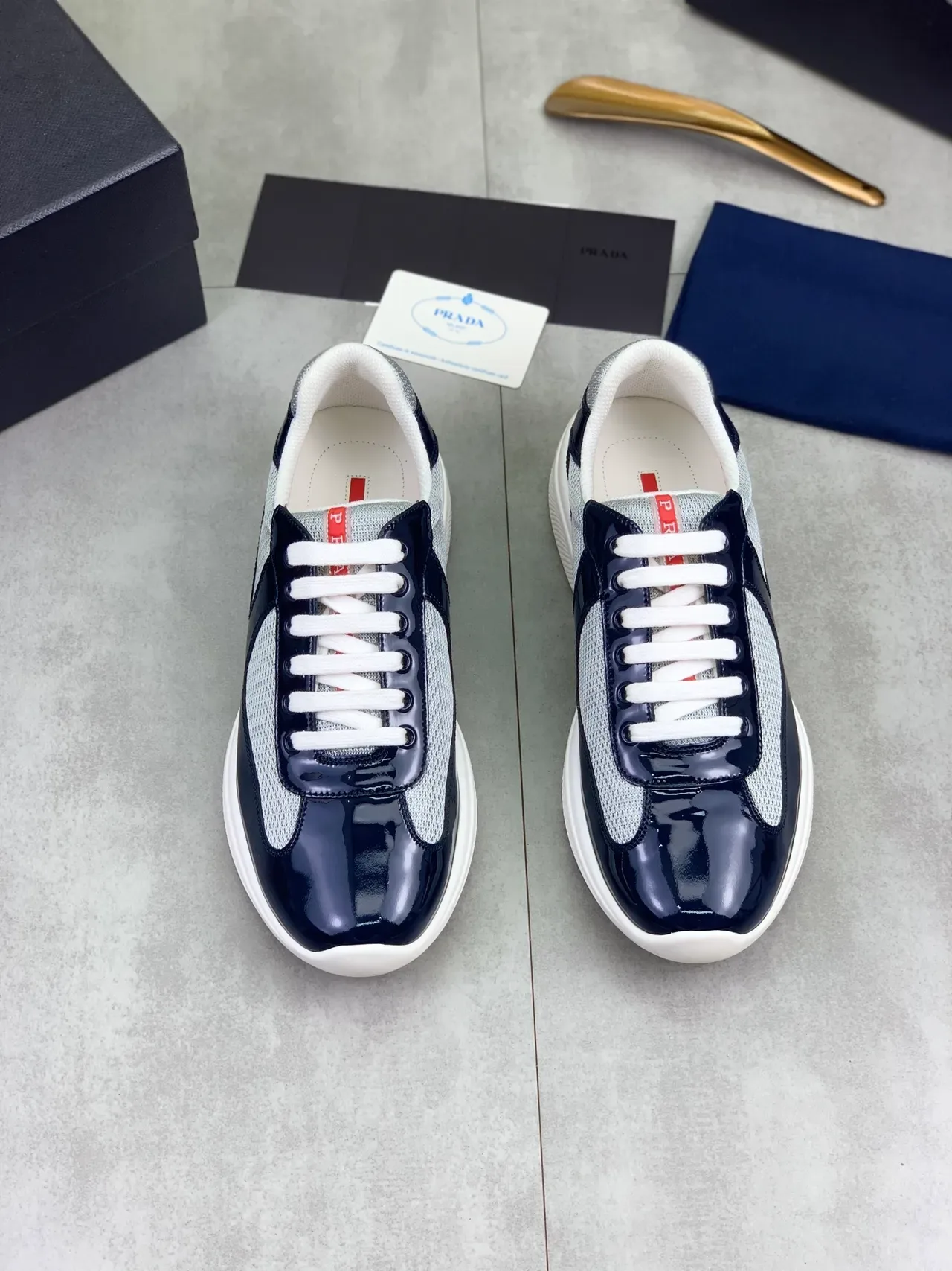 Prada Navy Gray Glossy Patent Leather Mesh Paneling Lifestyle Sneakers 4