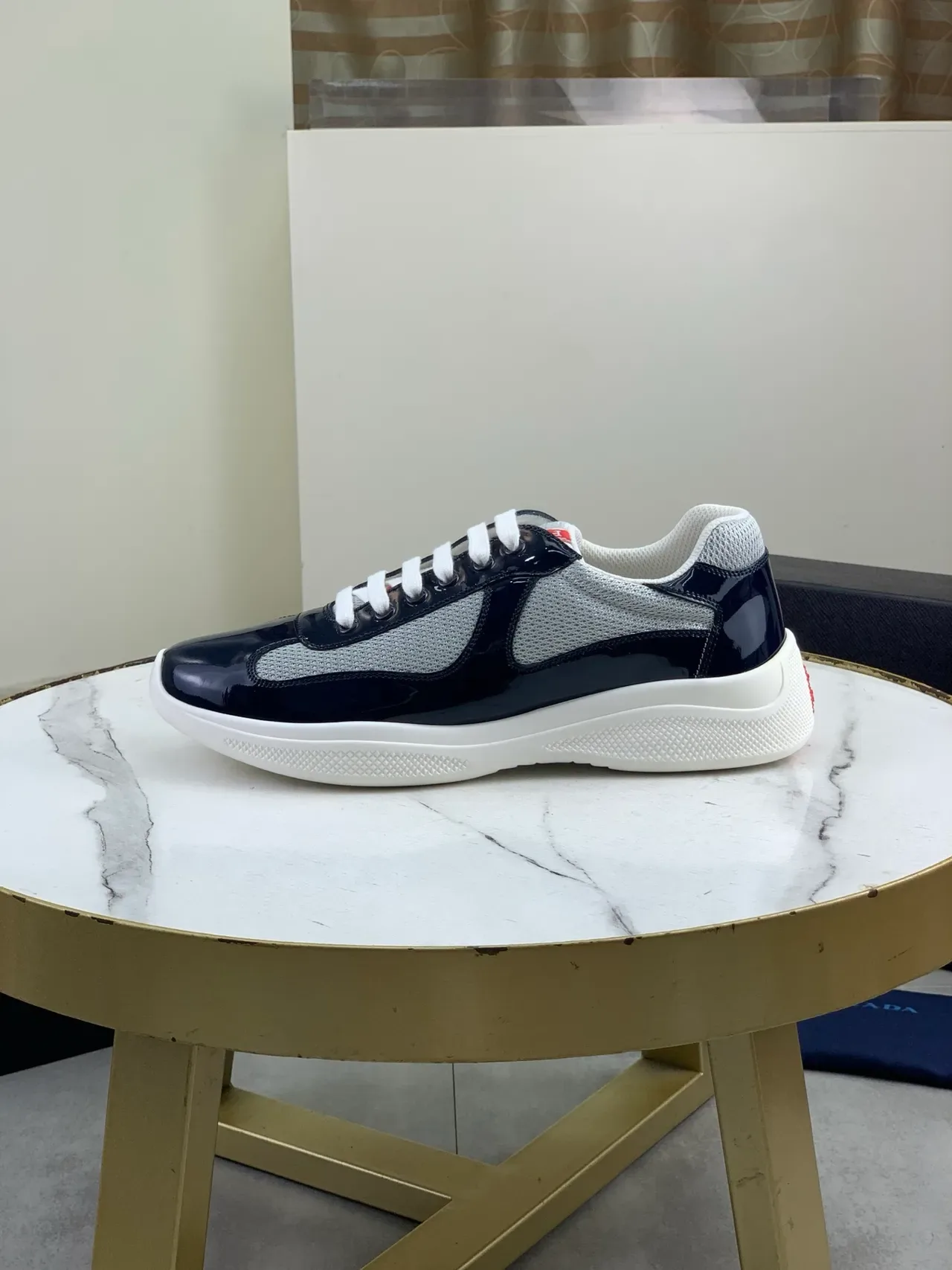 Prada Navy Gray Glossy Patent Leather Mesh Paneling Lifestyle Sneakers 5