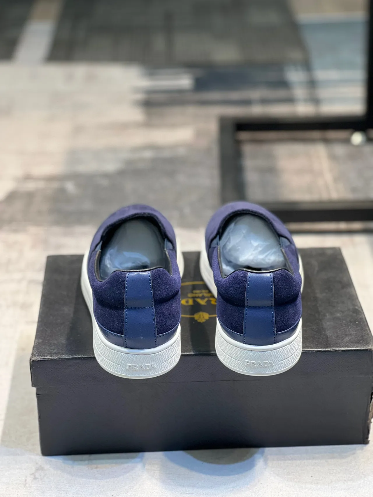 Prada Navy White Suede Slip-On Platform Sole Loafer 2
