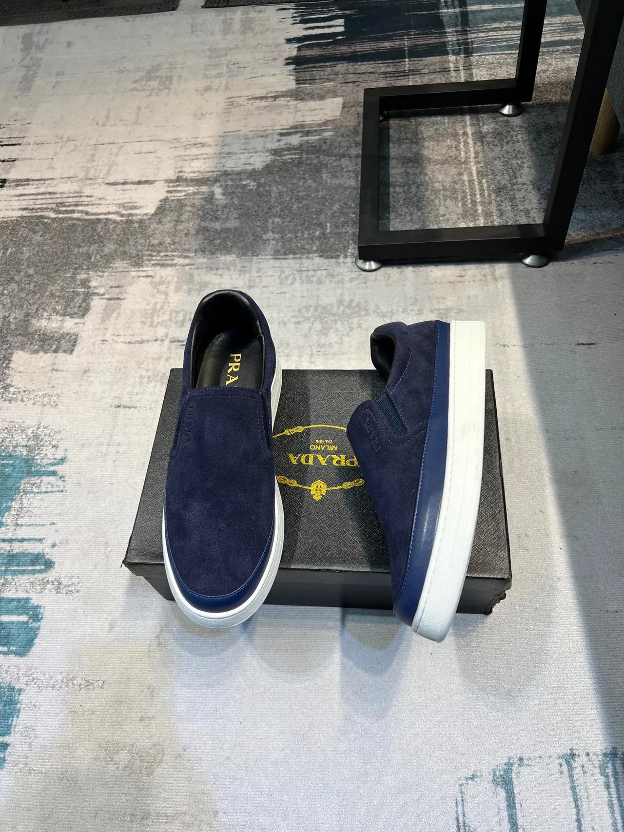 Prada Navy White Suede Slip-On Platform Sole Loafer 4