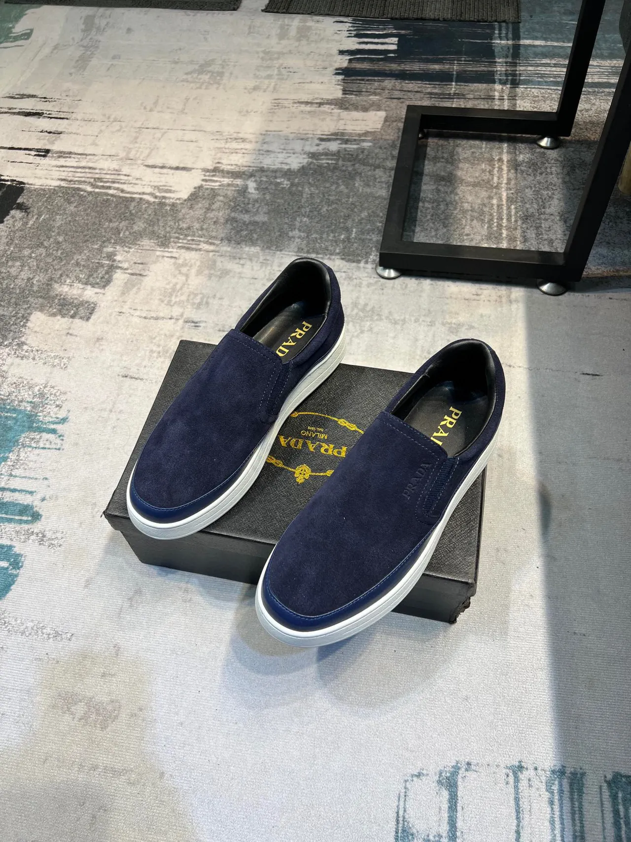 Prada Navy White Suede Slip-On Platform Sole Loafer 5