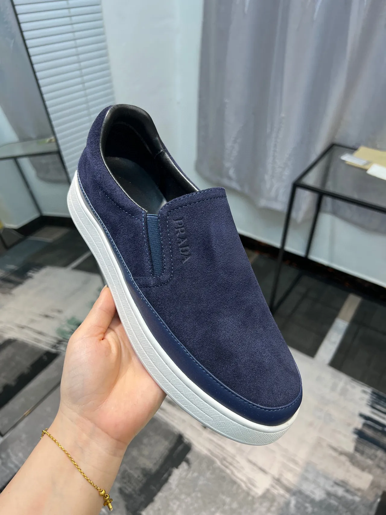 Prada Navy White Suede Slip-On Platform Sole Loafer 6