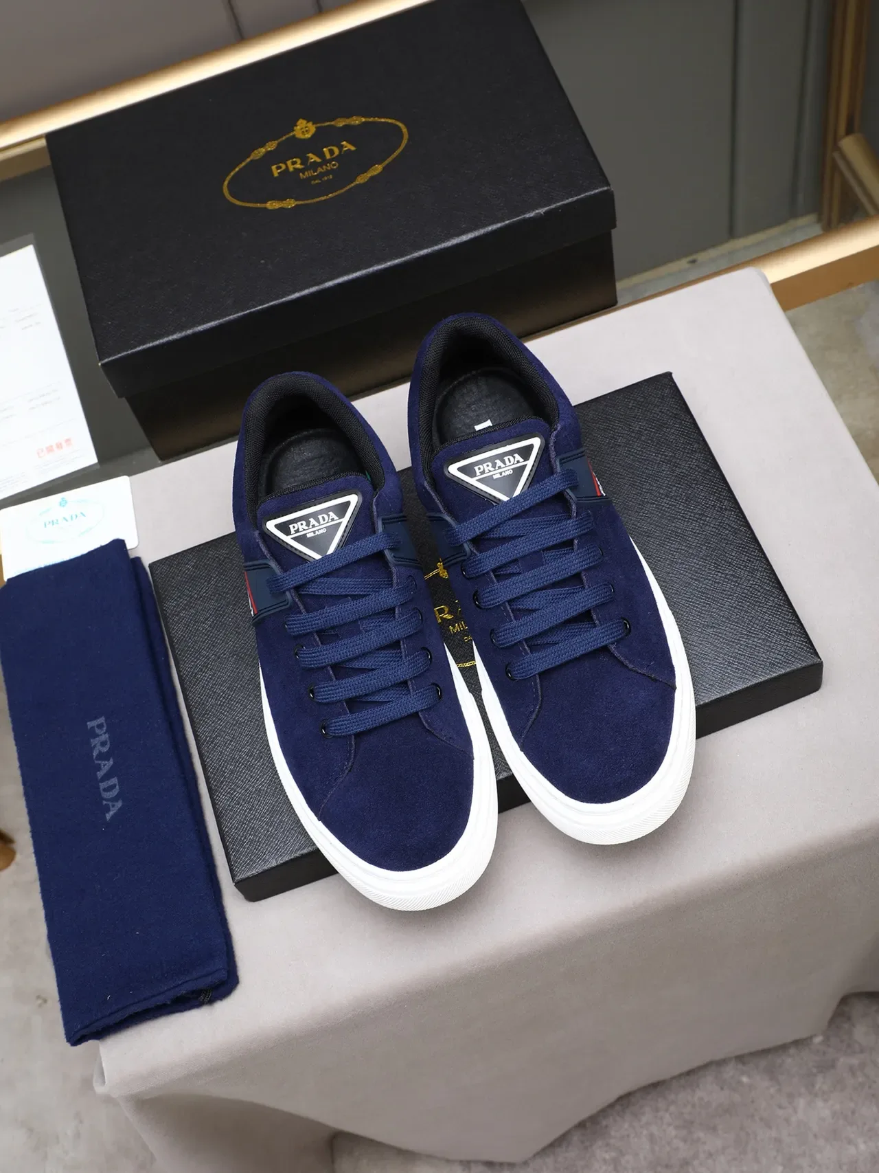 Prada Navy White Suede Upper Cupsole Lifestyle Sneakers 3