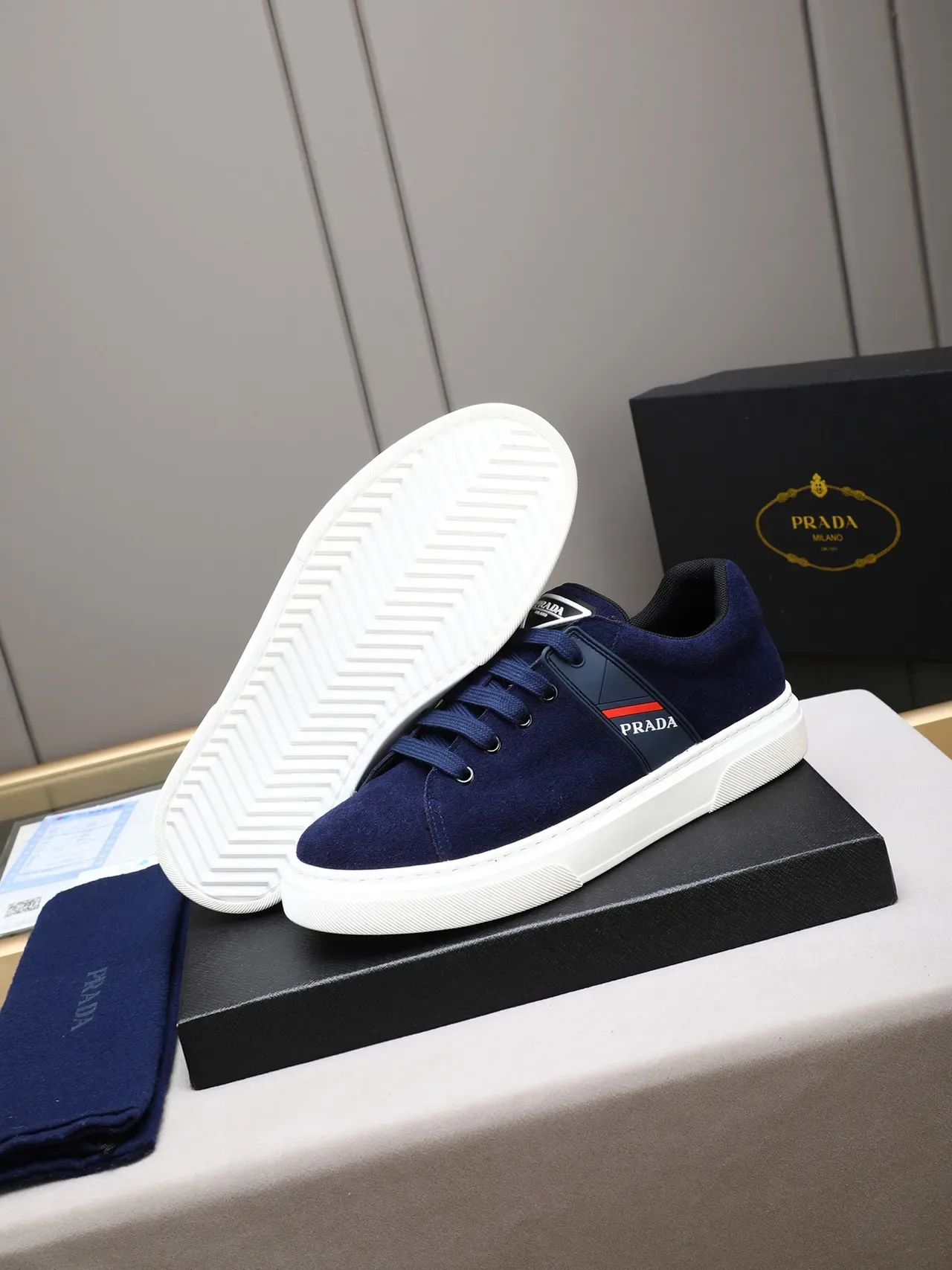 Prada Navy White Suede Upper Cupsole Lifestyle Sneakers 5