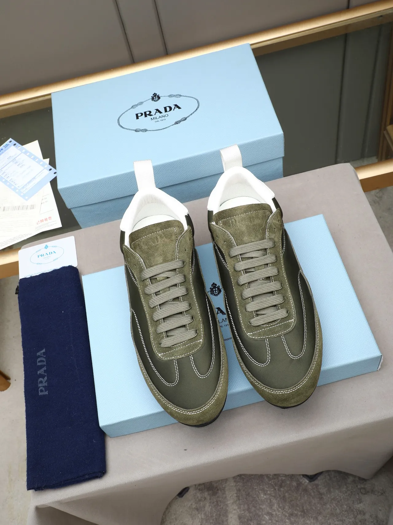 Prada Olive Green Suede and Nylon Panelled Lifestyle Sneakers 2