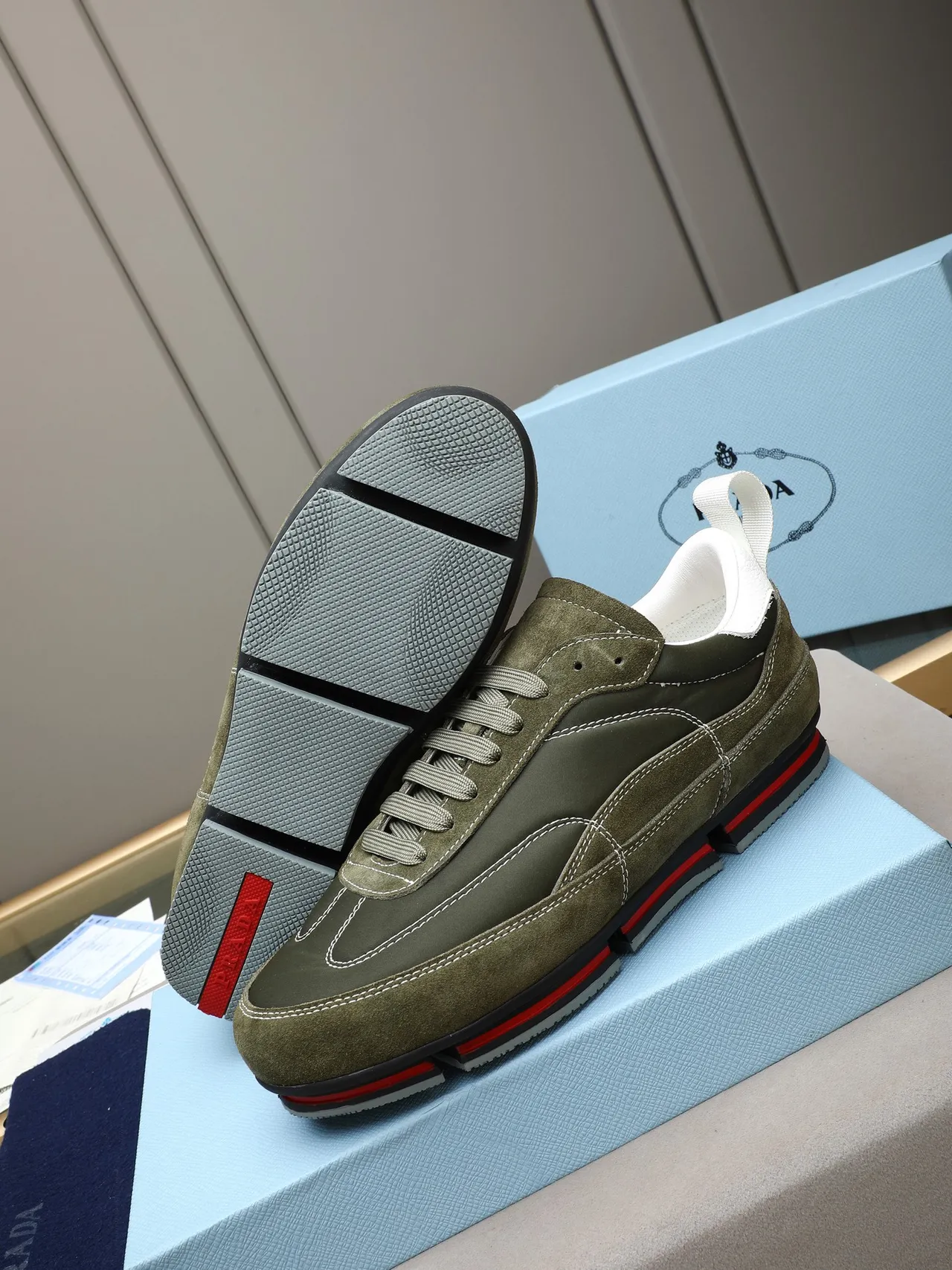 Prada Olive Green Suede and Nylon Panelled Lifestyle Sneakers 4