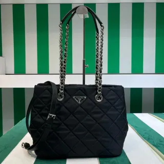 Prada Quilted Tote Black Silver Diamond-Stitching Chain-and-Leather Dual Handles Tote Bag