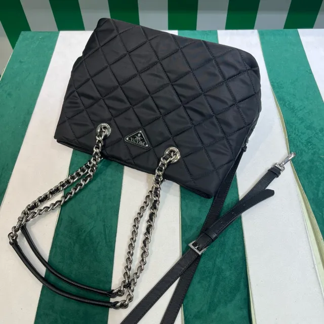 Prada Quilted Tote Black Silver Diamond-Stitching Chain-and-Leather Dual Handles Tote Bag 3