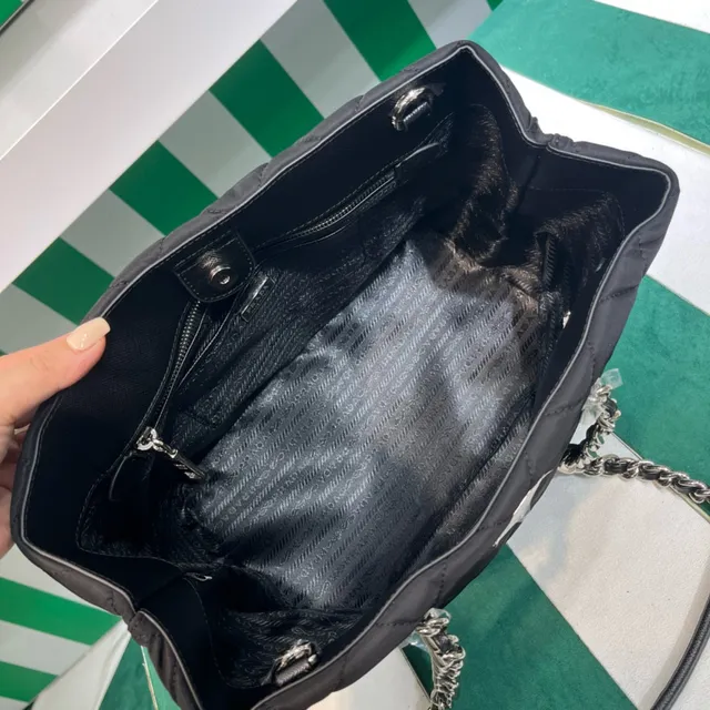 Prada Quilted Tote Black Silver Diamond-Stitching Chain-and-Leather Dual Handles Tote Bag 4