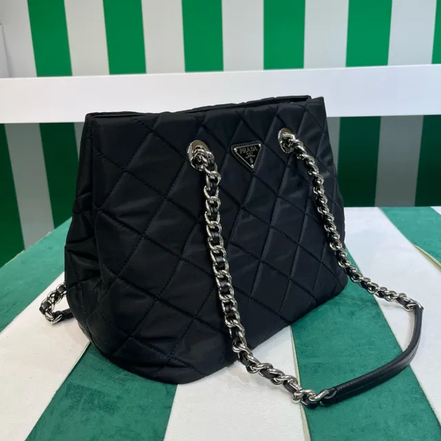 Prada Quilted Tote Black Silver Diamond-Stitching Chain-and-Leather Dual Handles Tote Bag 5
