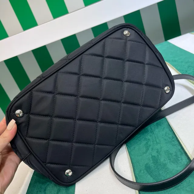 Prada Quilted Tote Black Silver Diamond-Stitching Chain-and-Leather Dual Handles Tote Bag 6