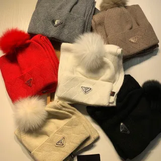 Prada Red White Herringbone Knit Folded Cuff Beanie