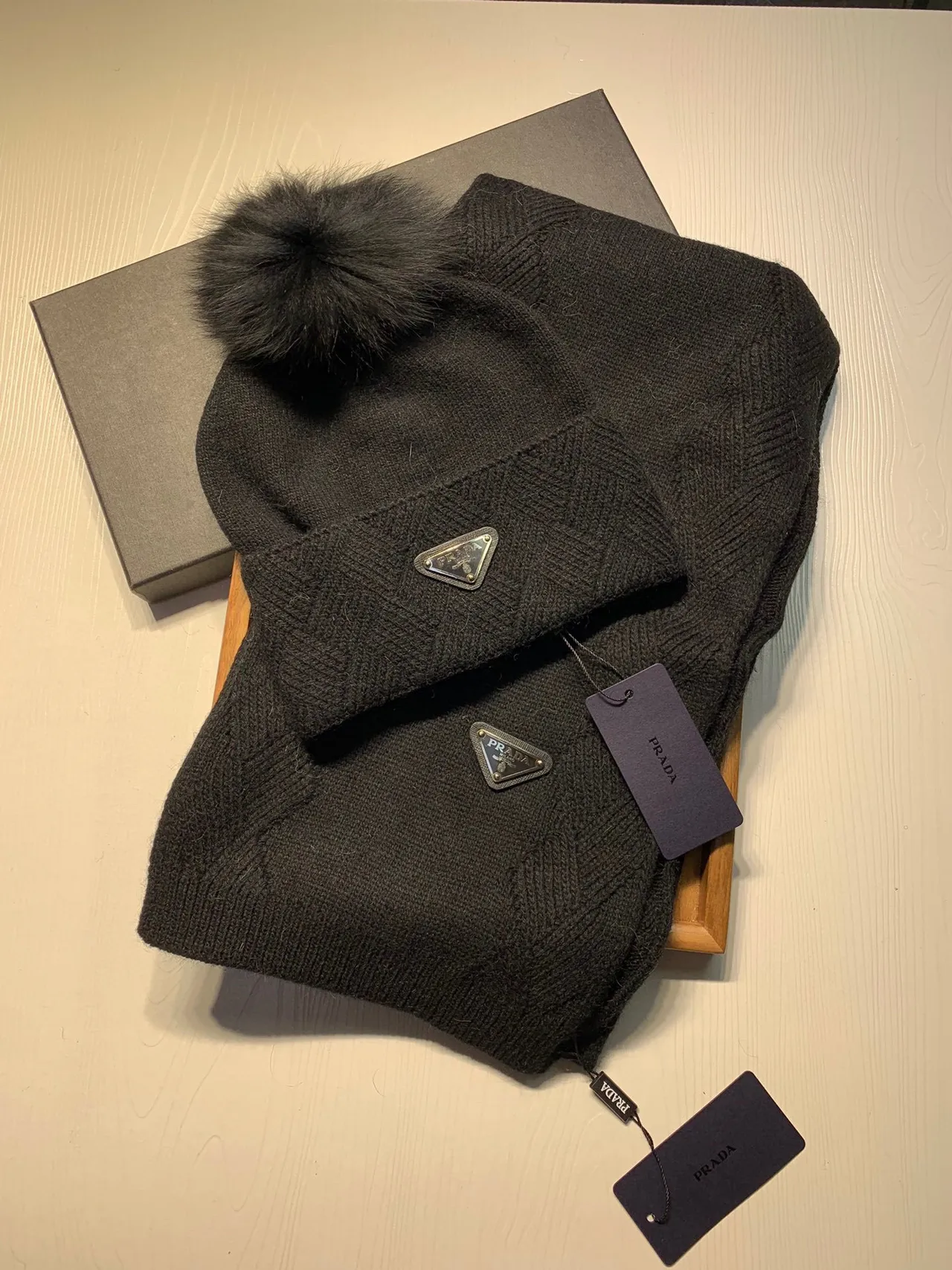 Prada Red White Herringbone Knit Folded Cuff Beanie 2