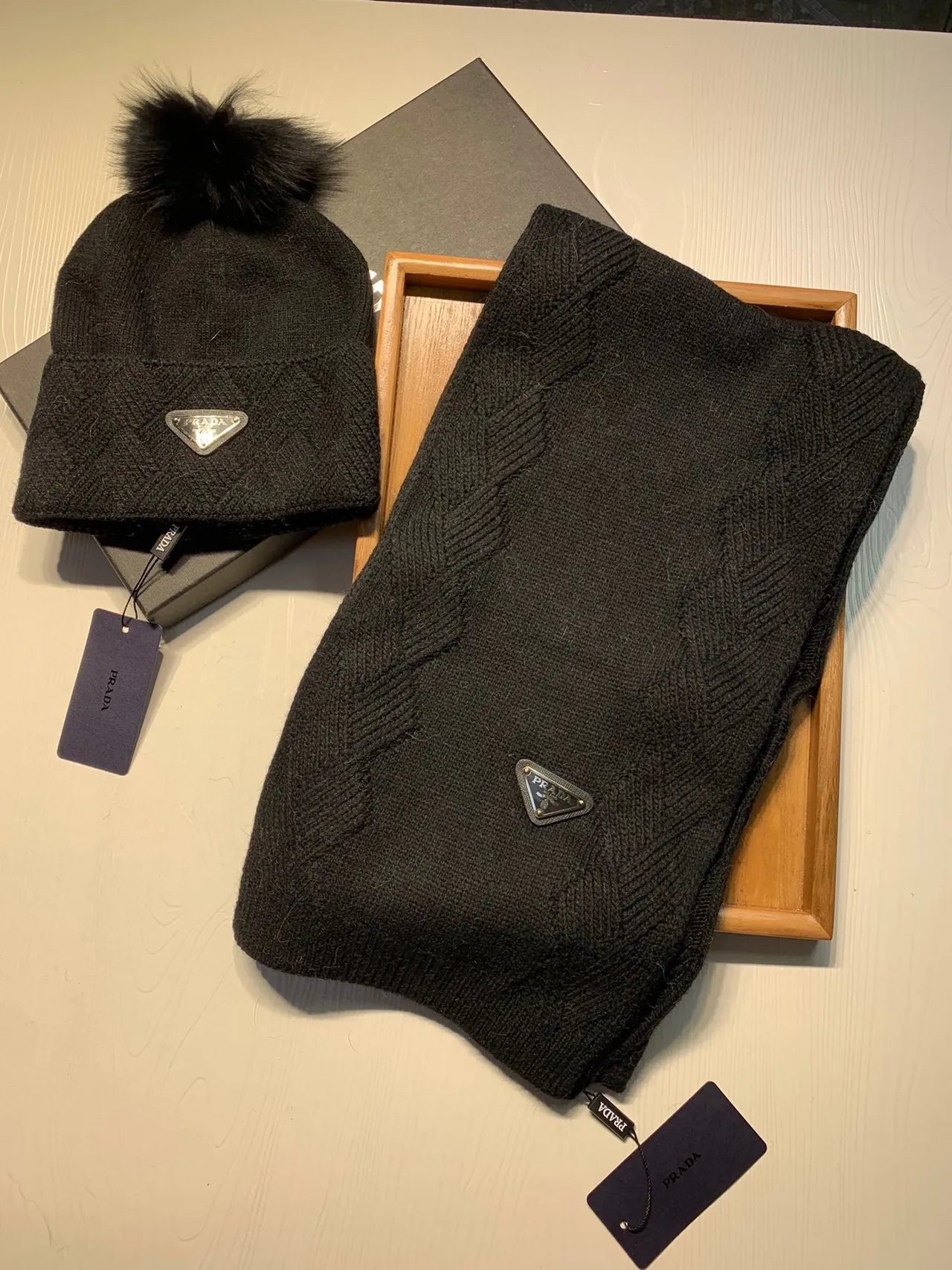 Prada Red White Herringbone Knit Folded Cuff Beanie 3