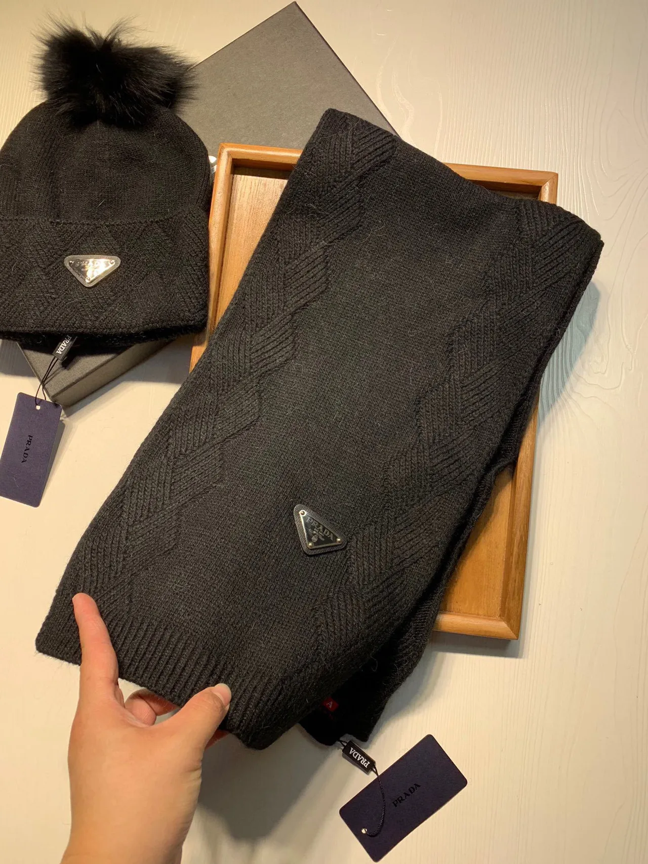 Prada Red White Herringbone Knit Folded Cuff Beanie 4