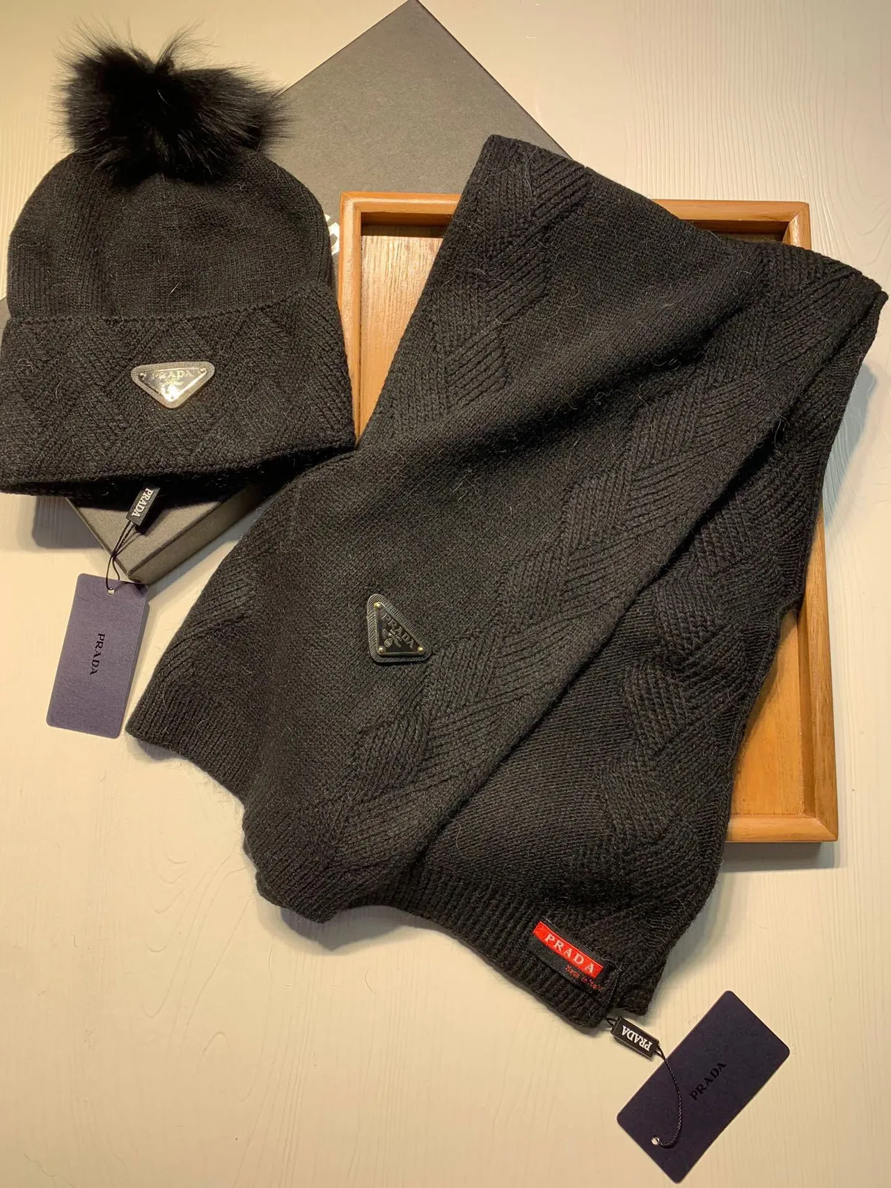 Prada Red White Herringbone Knit Folded Cuff Beanie 5