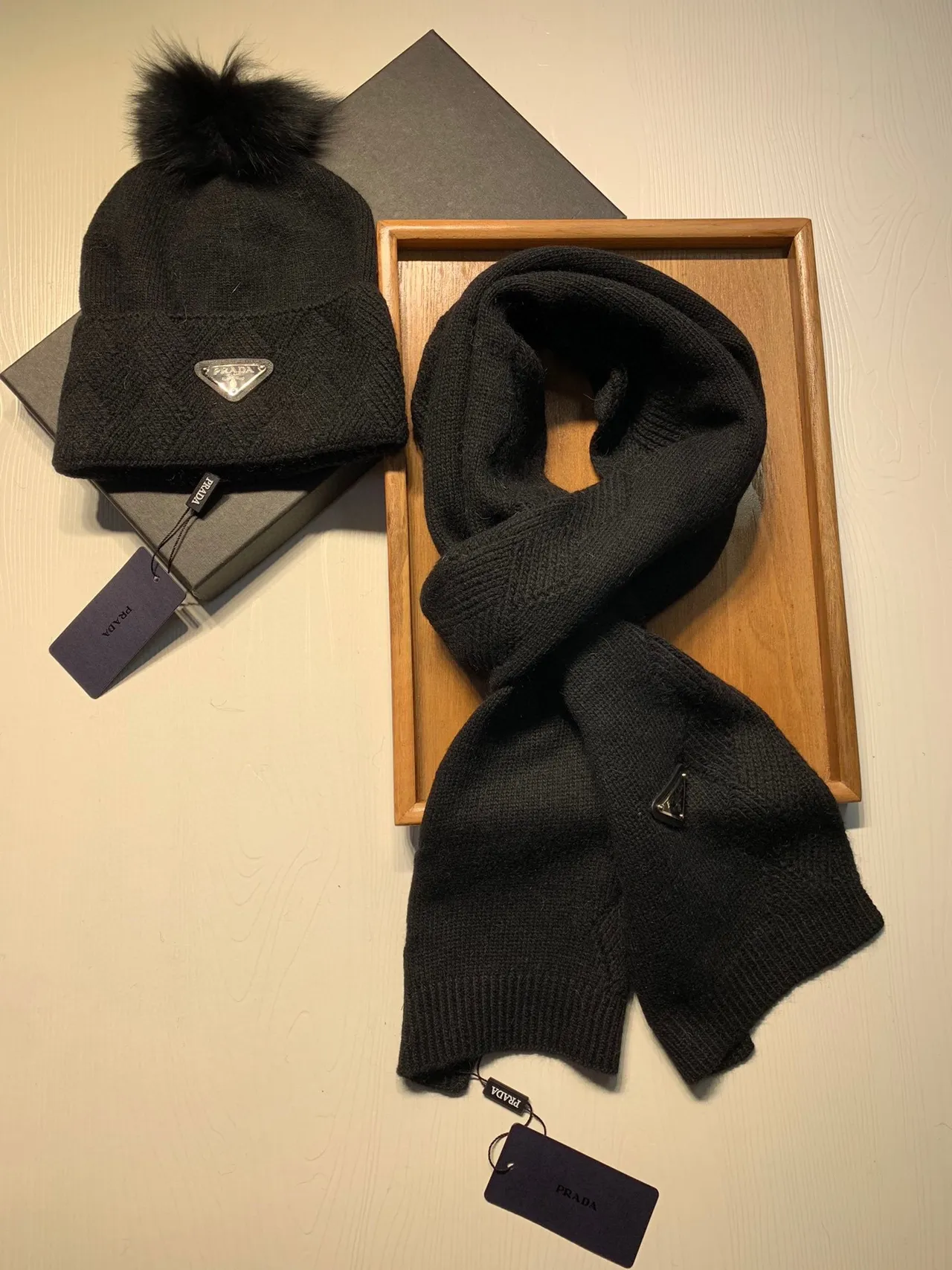 Prada Red White Herringbone Knit Folded Cuff Beanie 7
