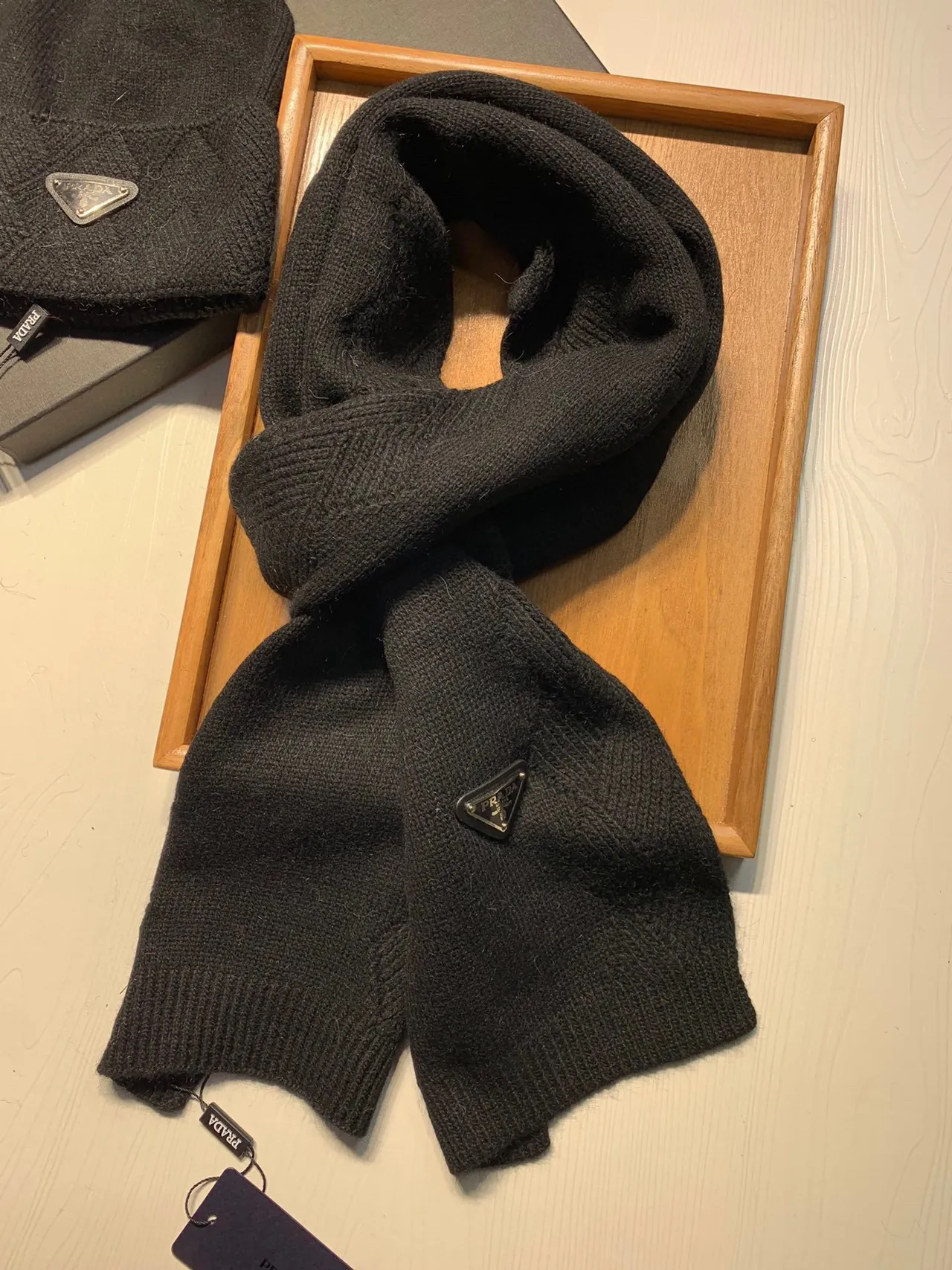 Prada Red White Herringbone Knit Folded Cuff Beanie 8