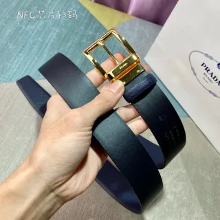 Prada Reversible Double-Face Belt Navy Gold Saffiano Texture Leather Belt