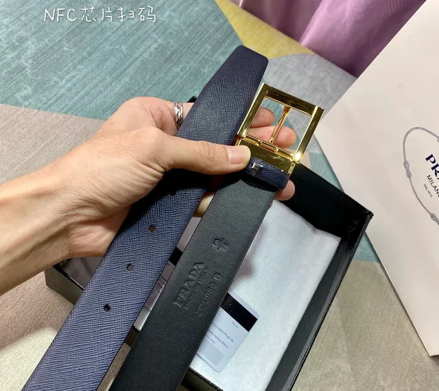 Prada Reversible Double-Face Belt Navy Gold Saffiano Texture Leather Belt 2