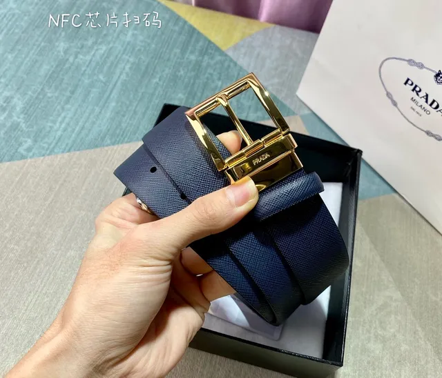 Prada Reversible Double-Face Belt Navy Gold Saffiano Texture Leather Belt 3