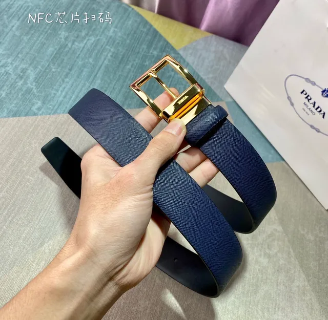 Prada Reversible Double-Face Belt Navy Gold Saffiano Texture Leather Belt 4
