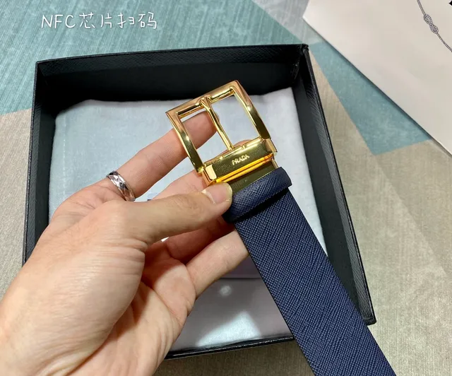 Prada Reversible Double-Face Belt Navy Gold Saffiano Texture Leather Belt 5
