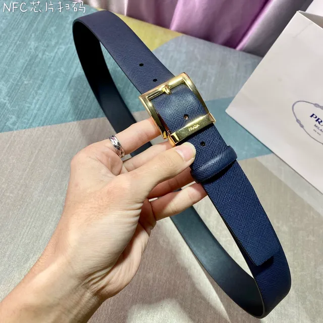Prada Reversible Double-Face Belt Navy Gold Saffiano Texture Leather Belt 6
