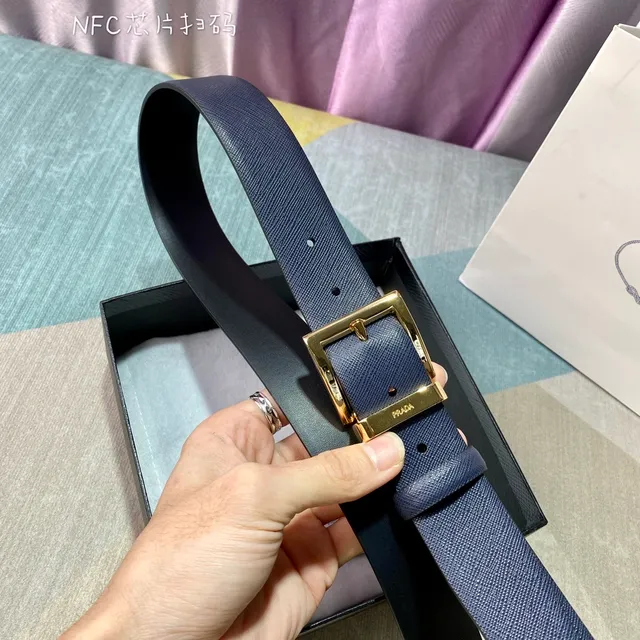 Prada Reversible Double-Face Belt Navy Gold Saffiano Texture Leather Belt 7