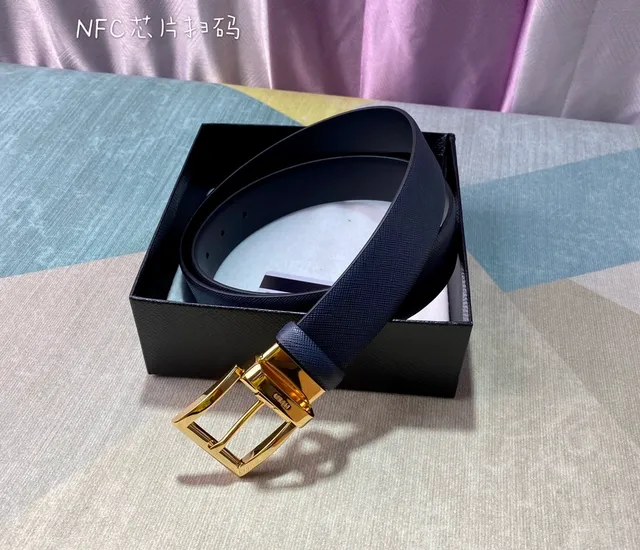 Prada Reversible Double-Face Belt Navy Gold Saffiano Texture Leather Belt 8