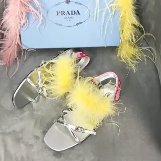 Prada Silver Yellow Metallic Feather-Trimmed Casual Sandals