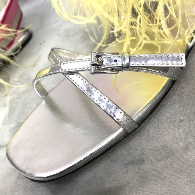 Prada Silver Yellow Metallic Feather-Trimmed Casual Sandals 2