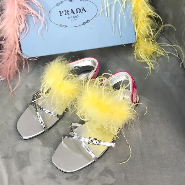 Prada Silver Yellow Metallic Feather-Trimmed Casual Sandals 4