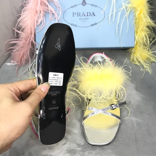 Prada Silver Yellow Metallic Feather-Trimmed Casual Sandals 5