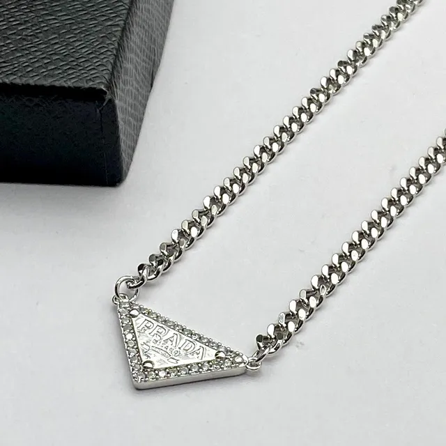 Prada Triangle Necklace Gold and Silver Tone Crystal Pendant Necklaces 3