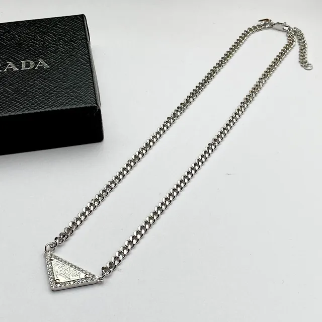 Prada Triangle Necklace Gold and Silver Tone Crystal Pendant Necklaces 4
