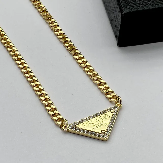 Prada Triangle Necklace Gold and Silver Tone Crystal Pendant Necklaces 5