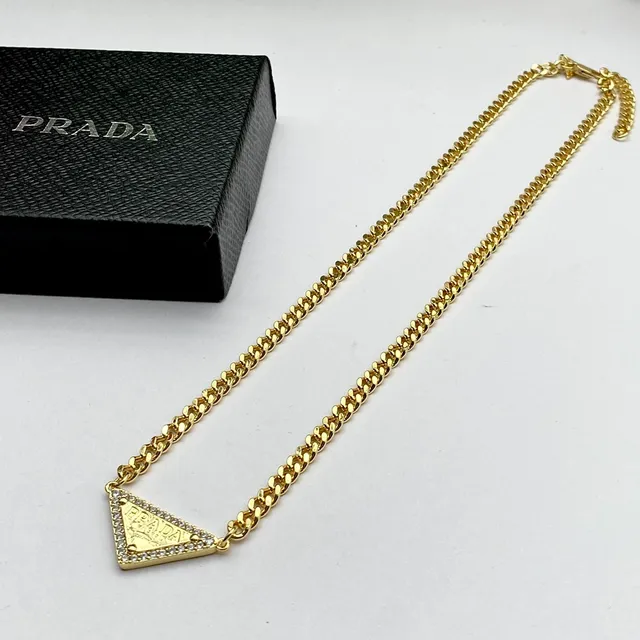 Prada Triangle Necklace Gold and Silver Tone Crystal Pendant Necklaces 6